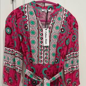 NWT CELINA MOON Pink Floral Patterned Midi Dress with Teal Accents SIZE XS